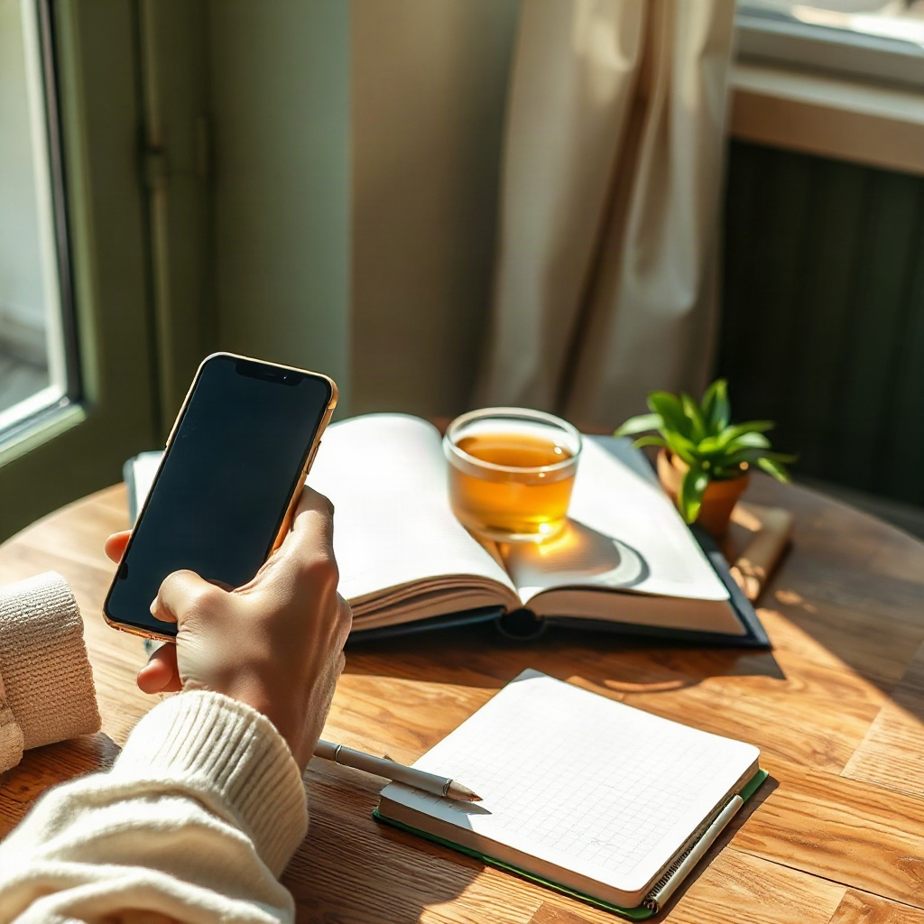 A calm morning wellness routine with a phone, tea and a notebook